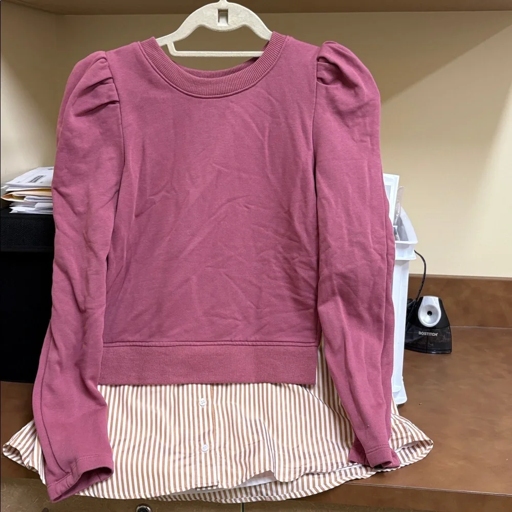 Maeve By Anthropolgie Puff Sleeve Sweatshirt With Striped Shirt Tunic Top Sz S - Picture 3 of 8